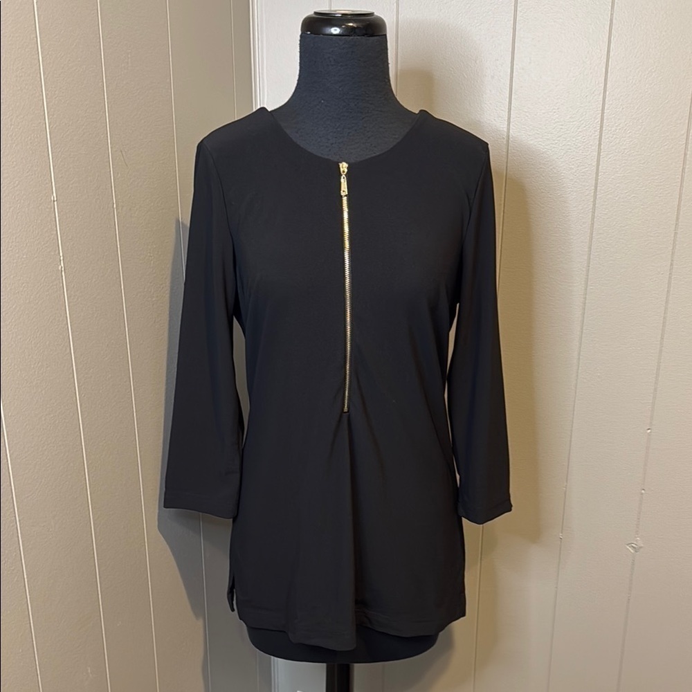 Boston Proper Women’s Small Black Gold Zippered 3/4 Sleeve Blouse